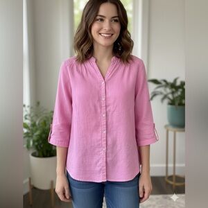 Columbia Outdoor Casual Linen Cotton Top, Roll Sleeves, Pink, L